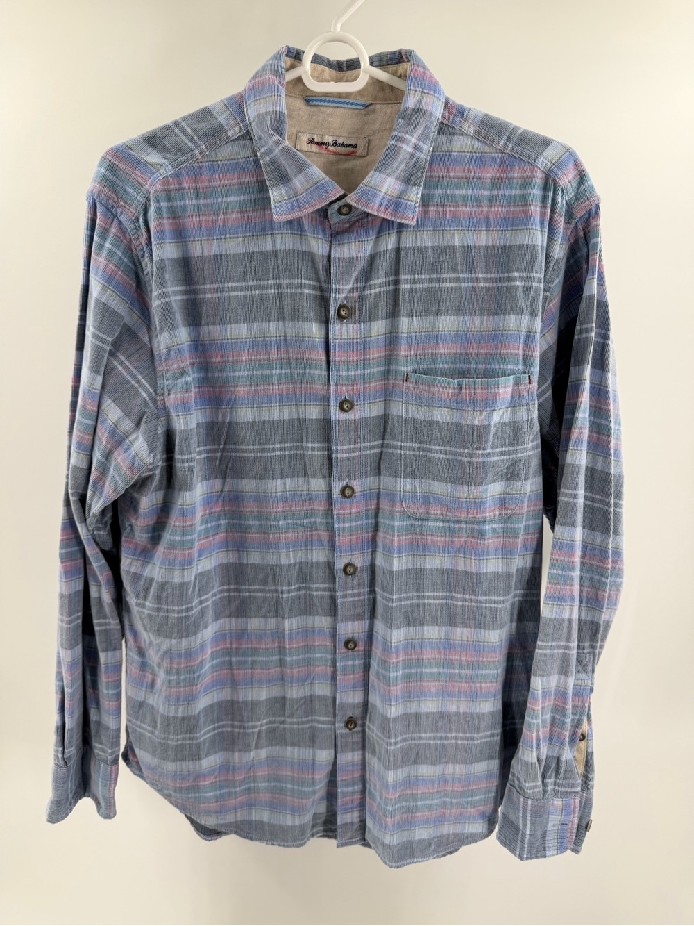 Tommy Bahama Men's Blue Plaid Button-Down Shirt Colorful Striped Corduroy Medium